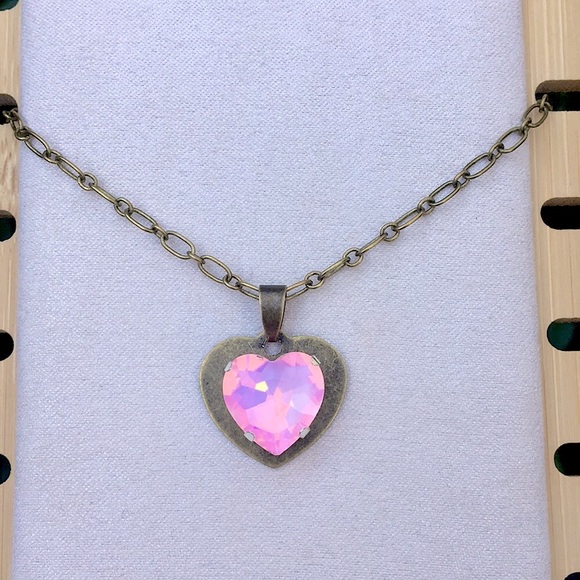 Pink Opal Aurora Borealis Crystal Heart Pendant Necklace - Picture 6 of 16